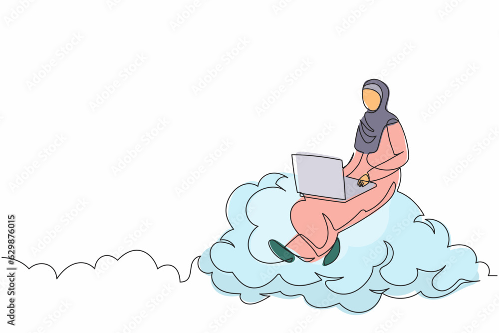 Aufkleber continuous one line drawing arabian businesswoman sitting on cloud with laptop computer. wireless co