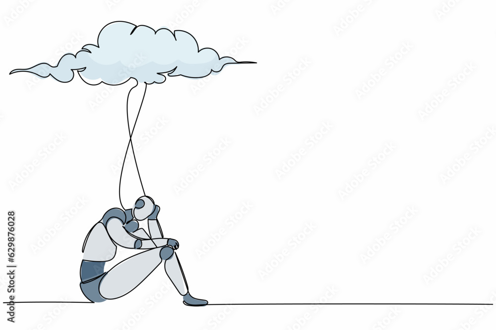 Poster single continuous line drawing unhappy robot feeling stress and sad. sitting under rain cloud. robot
