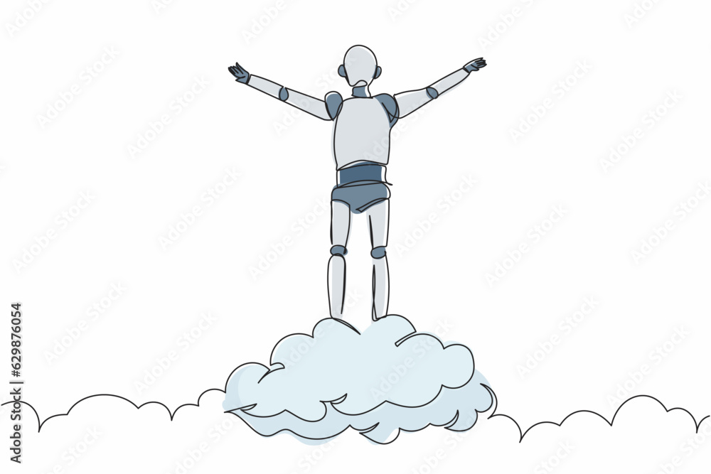 Poster single one line drawing robot on top of cloud with raised hand. future technology development. artif