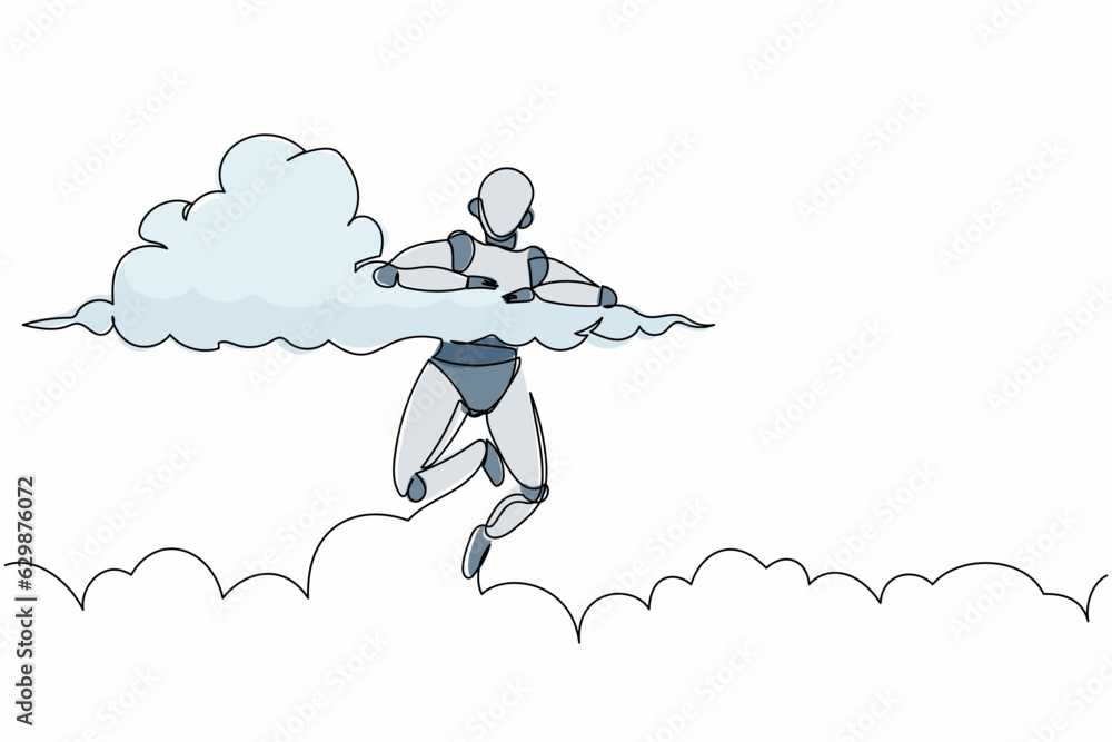 Poster continuous one line drawing robot hang in clouds. hoping for success, winning business project. huma