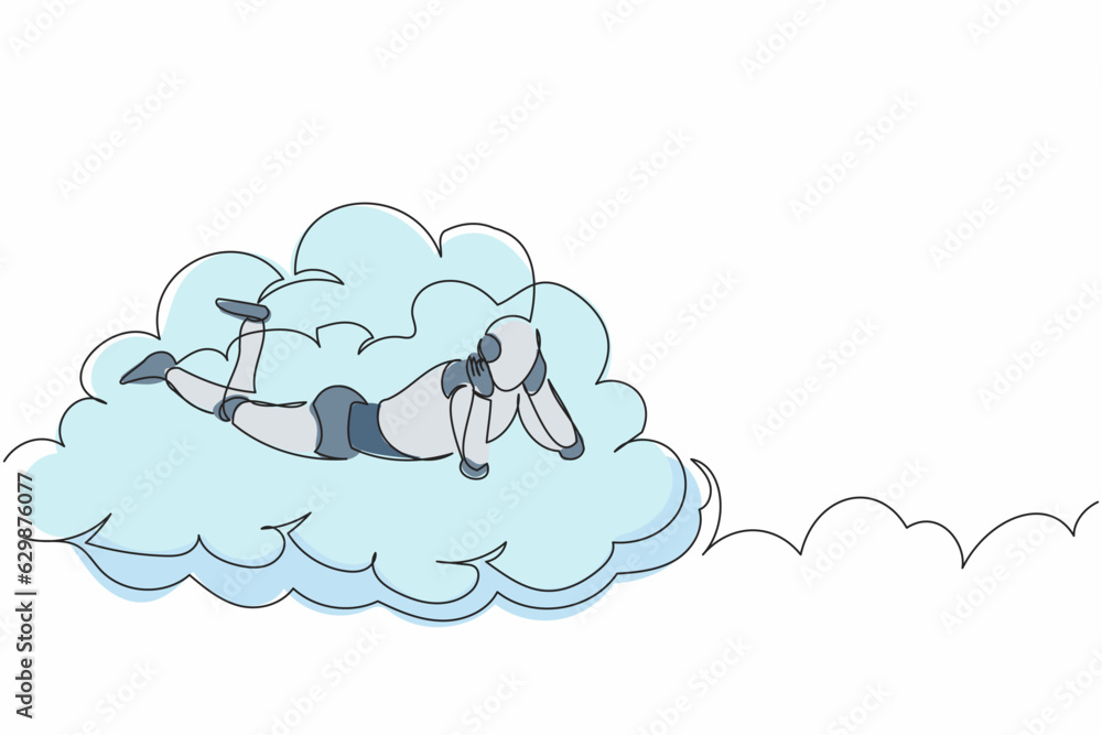 Poster single continuous line drawing robot lay on clouds. relaxes and resting cyber machine. robotic artif
