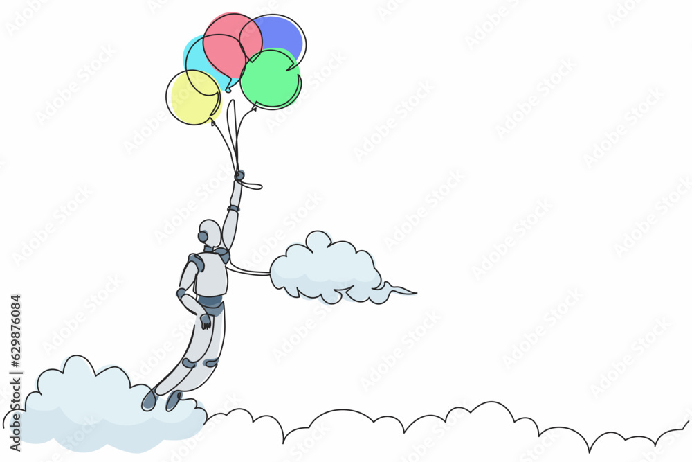 Aufkleber single one line drawing robot flying with balloon through cloud. reaches goal, target, find solution