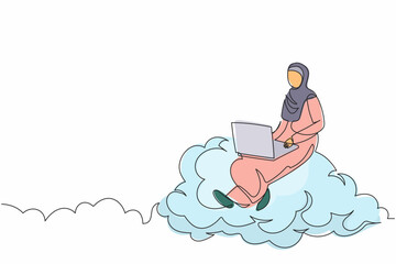 Continuous one line drawing Arabian businesswoman sitting on cloud with laptop computer. Wireless connection. Social networking using cloud storage. Single line draw design vector graphic illustration