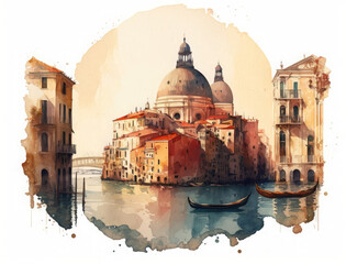 Venice (Italy) watercolor illustration. Basilica di san Marco and Venice lagoon. Travel postcard.