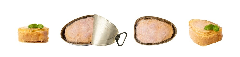 Canned Meat Isolated, Pork Meat in Jelly Preserve, Can Food, Canned Ham Open Jar