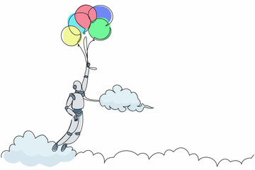 Single one line drawing robot flying with balloon through cloud. Reaches goal, target, find solution. Future technology development. Artificial intelligence. Continuous line design vector illustration
