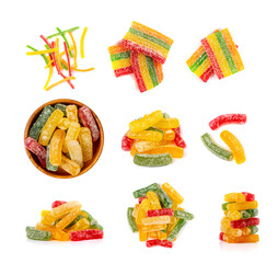 Rainbow Gummy Candy Pile Isolated, Sour Jelly Candies Strips in Sugar Sprinkle