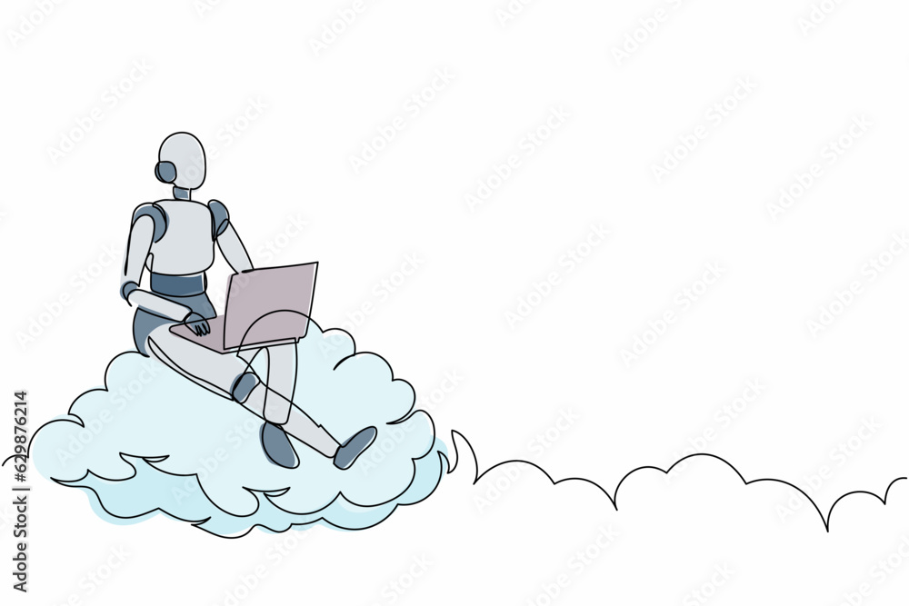Poster continuous one line drawing robot sitting on cloud in sky and working with laptop. wireless internet