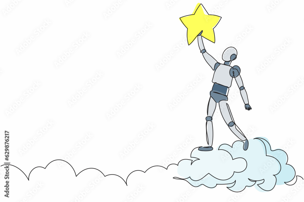 Poster continuous one line drawing robot reaching star on the sky. business champion to get reward. humanoi
