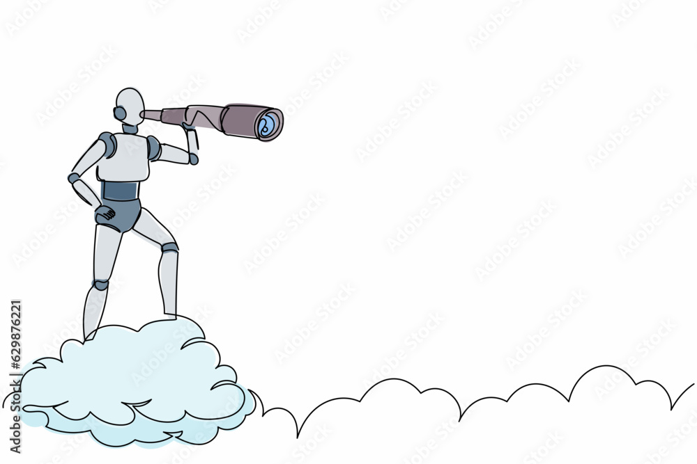Poster single one line drawing robot on cloud holding binocular to search for business innovation. future t