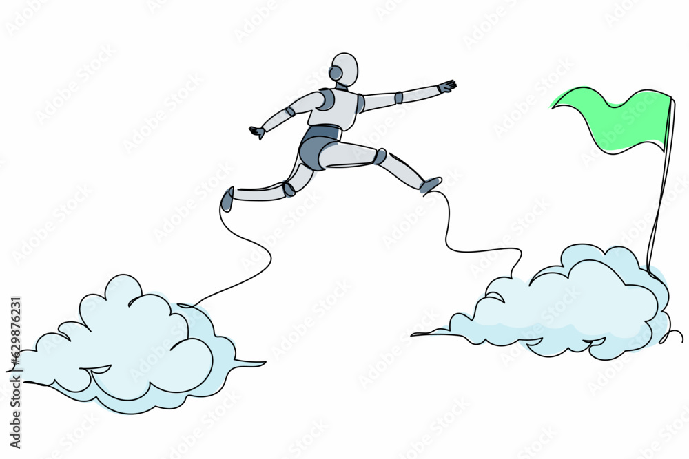 Aufkleber continuous one line drawing robot jump over clouds to reach success, target, flag. taking risk busin