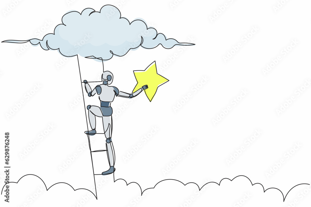 Aufkleber single continuous line drawing robot climbing ladder and reaching star on sky for success. robotic a
