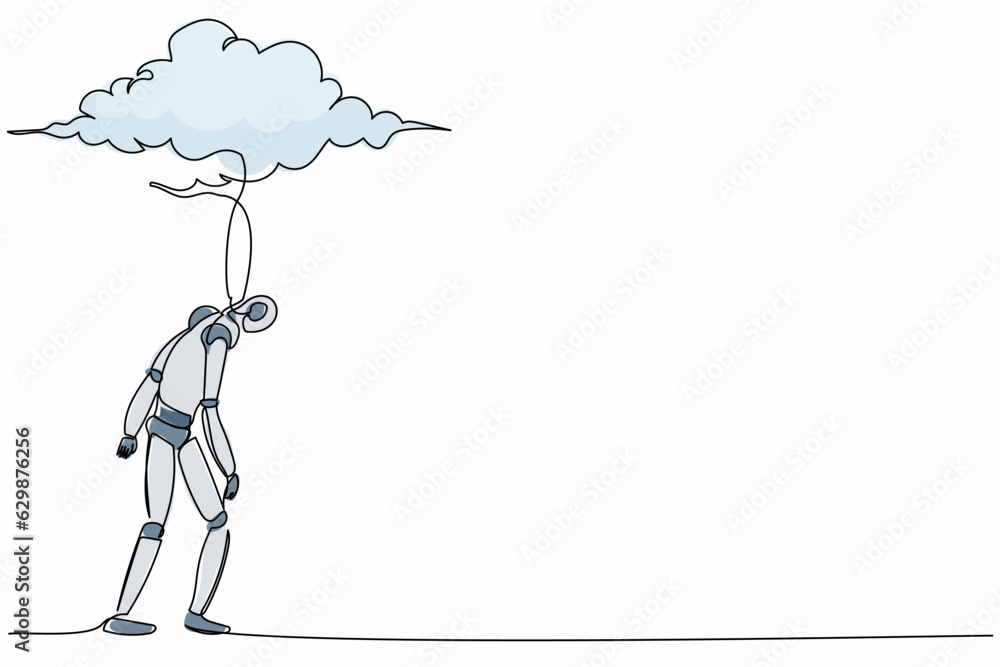 Poster single one line drawing robot walking under rain cloud. loneliness in overcast weather. future techn