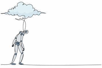 Single one line drawing robot walking under rain cloud. Loneliness in overcast weather. Future technology development. Artificial intelligence. Continuous line draw design graphic vector illustration