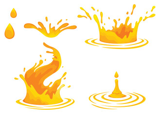 Water and juice splash liquide. Vector Illustration. Fresh juice splashed, energetic portrayal of thirst-quenching goodness A wave shape, tribute to oceans persistent dance A drop orange shape