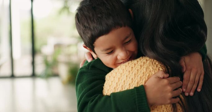 School, greeting and mother hug child in home ready for education, childhood development and learning. Love, family and mom embrace young boy for leaving, goodbye and morning routine for academy