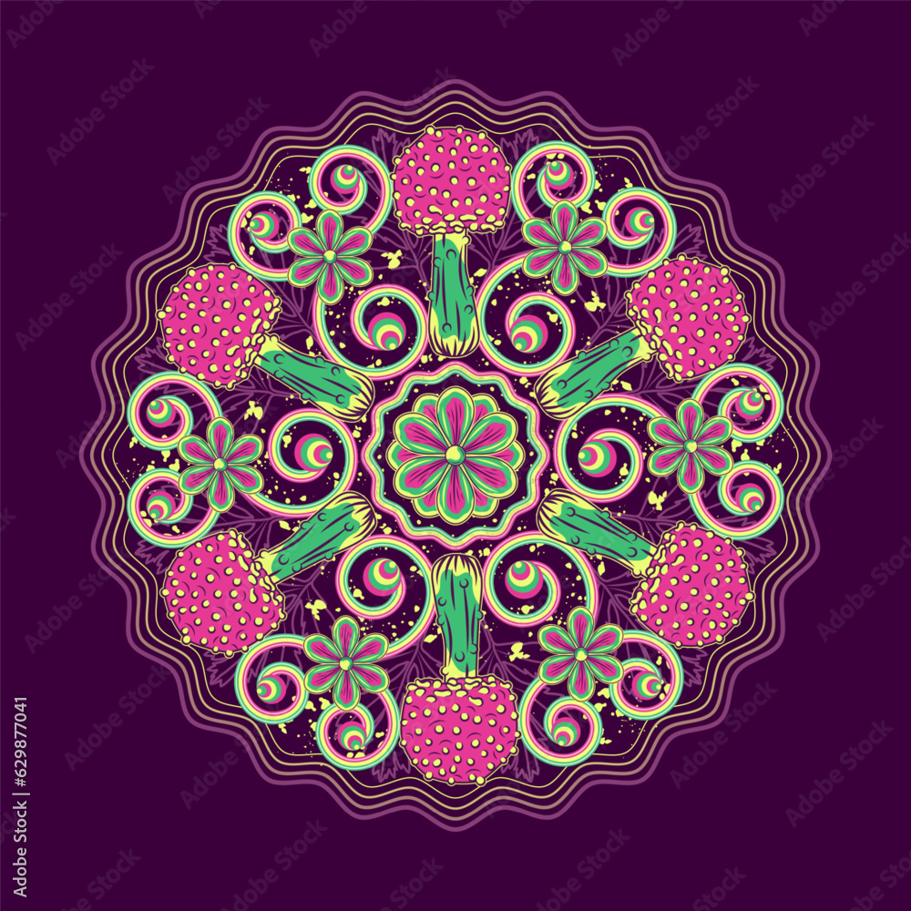 Poster circular pattern with fantasy mushrooms, chamomiles, wavy lines. bright unusual nature objects in ne