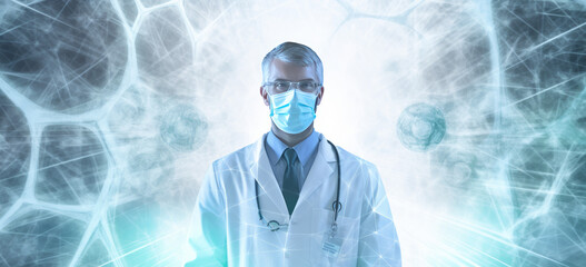 Medicine doctor hold electronic medical record on interface. Digital healthcare and network connection on hologram virtual screen, insurance. medical technology and network concept. Generative AI.