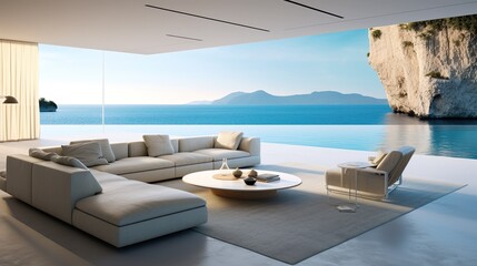 Luxury hotel interior and calm sea view. Generative AI