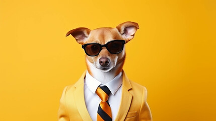 Businessman Dog Portrait. Colorful banner with empty copy space on the side. Generative AI.