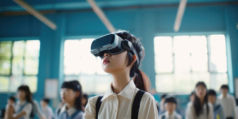 Asia girl wearing virtual reality headset on class room, Girl uses VR glasses during information technology lesson, generative ai