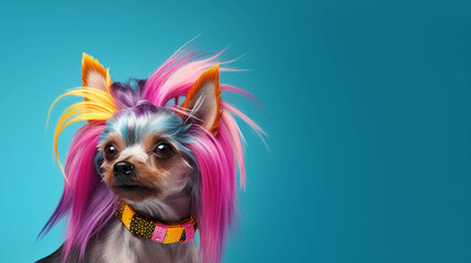 Hairdresser Dog Portrait. Colorful banner with empty copy space on the side. Generative AI.