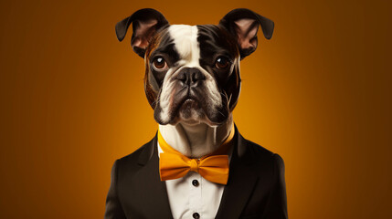 Waiter Dog Portrait. Colorful banner with empty copy space on the side. Generative AI.