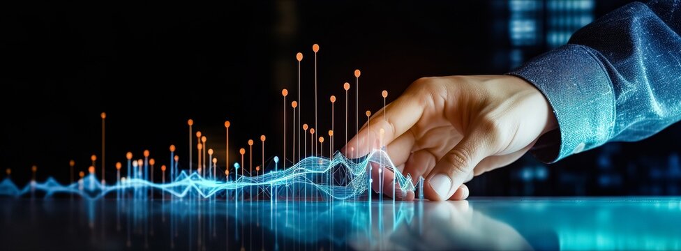 Hand touching holographic graph growing up, finance, investment