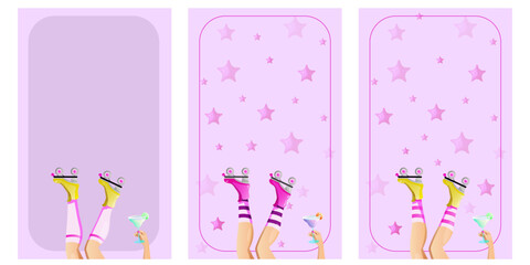 long legs wearing roller skates and hand with cocktail. Template of cocktail party Invitation for sporty girls with place for text. Barbiecore Y2K style. Glamorous trendy pink posters. Nostalgic pink
