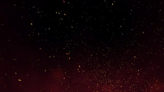 4K Fire Particles over black background Flying Embers from fire smoke. motion of fiery orange Red glowing flying ember burning ash particles. Burning red hot sparks, Fire Glowing Particles