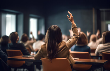 Young woman at a college, university or course, raising her hand, ready to answer a question. Concept of learning and education. Shallow field of view. Illustrative Generative AI. Not a real person.