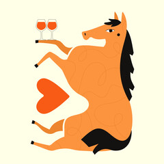 Vector illustration with farm horse animal holding wineglasses with red wine or cocktails and big red heart. Trendy print design, party invitation celebration greeting card - 629878810