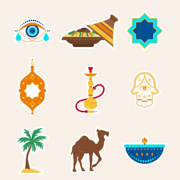 Islamic Icon collection pack. Muslim sticker set in flat design. Vector illustration. Colorful element set.