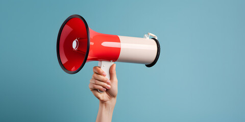 Hand holding megaphone in the air. Isolated Element. Broadcasting Announcement Communication Concept. Blue Background - obrazy, fototapety, plakaty