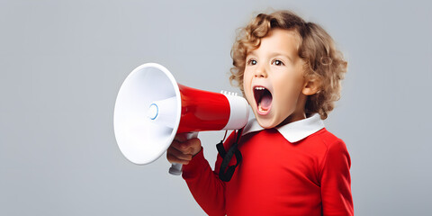 Isolated Child Boy shouting through Megaphone. White Grey Element Background.