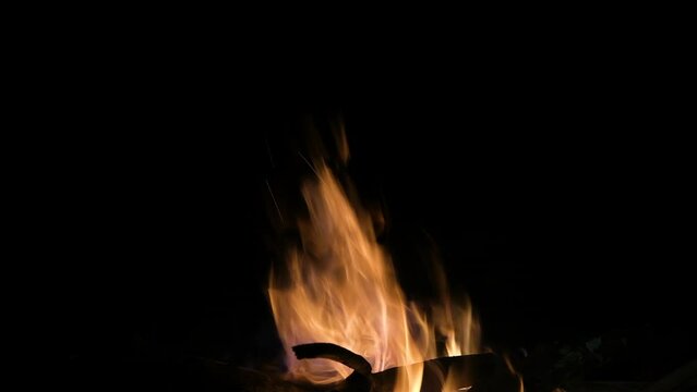 Flames Of Fire And Sparks On Black Background. Magic Fier. Bonfire Flaming In The Night. Burning Sparks Flying. Fiery Orange Glowing Flying Away Particles On Black Background.