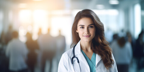 Professional Woman Female Doctor in a Clinic Hospital. Medicine Concept Banner, blurred copy space Background. 