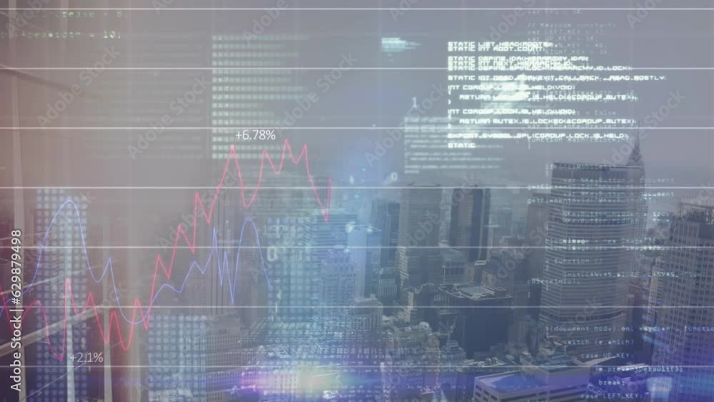 Poster animation of statistical data processing and blue light spot against aerial view of cityscape
