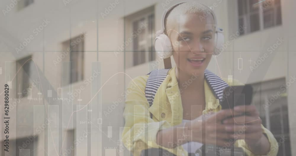 Poster animation of statistical data processing over happy biracial woman using smartphone on the street