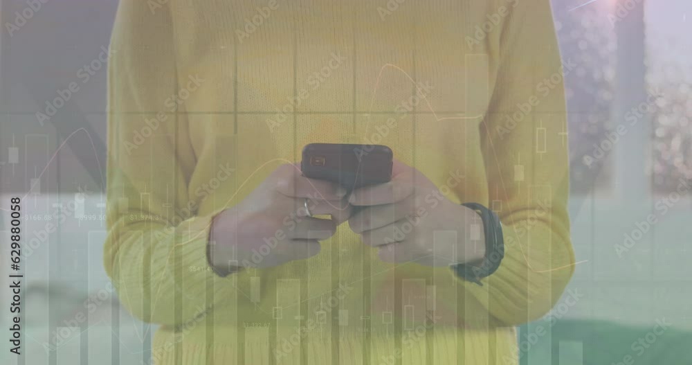 Poster animation of statistical data processing over mid section of a woman using smartphone on the street