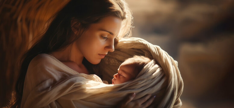 Naklejka Portrait of Mary with baby Jesus in his arms. Nativity of Jesus. Christmas concept.