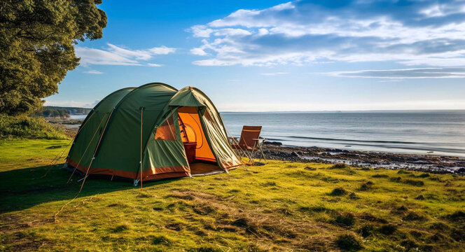 Tourist tent near the sea on green grass. Generative AI