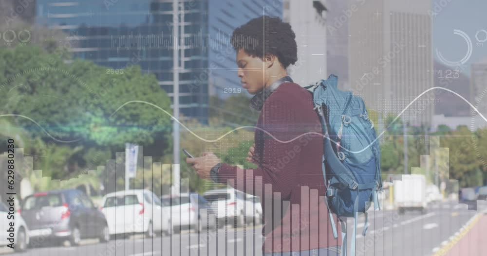 Poster animation of statistical data processing over african american man using smartphone crossing street