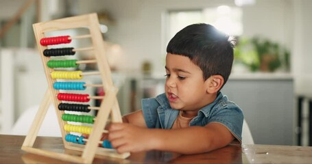 Education, math and child with abacus for learning, studying and teaching for development. Creative, school and boy at table in home for knowledge, counting and academic lesson with educational toy - Powered by Adobe