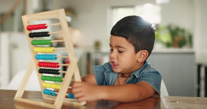 Education, math and child with abacus for learning, studying and teaching for development. Creative, school and boy at table in home for knowledge, counting and academic lesson with educational toy
