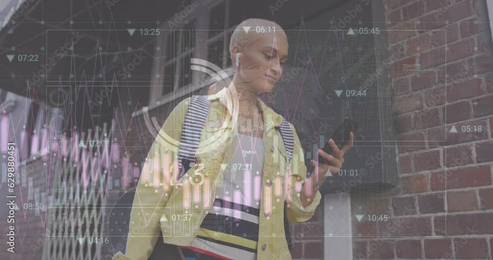 Poster animation of statistical data processing over biracial woman using smartphone walking on the street