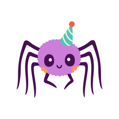 Happy Halloween. Vector cute illustration of purple spider in party hat in trendy colors for postcard, flyer, banner