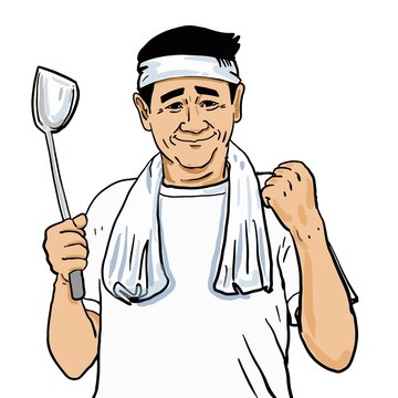 Asian male home cook cartoon