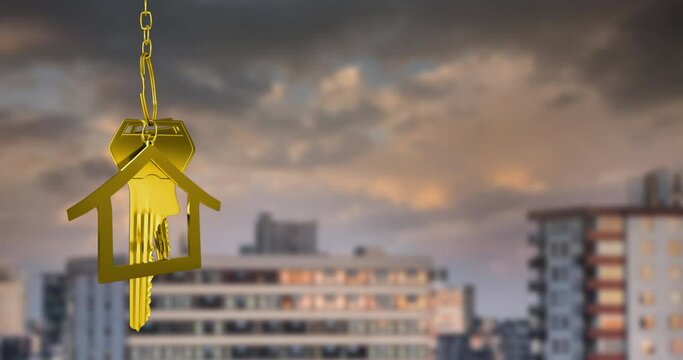 Animation of hanging golden house keys against blurred view of tall buildings with copy space