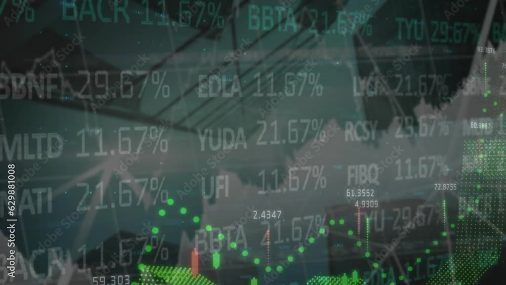 Poster animation of financial and stock market data processing against low angle view of tall buildings